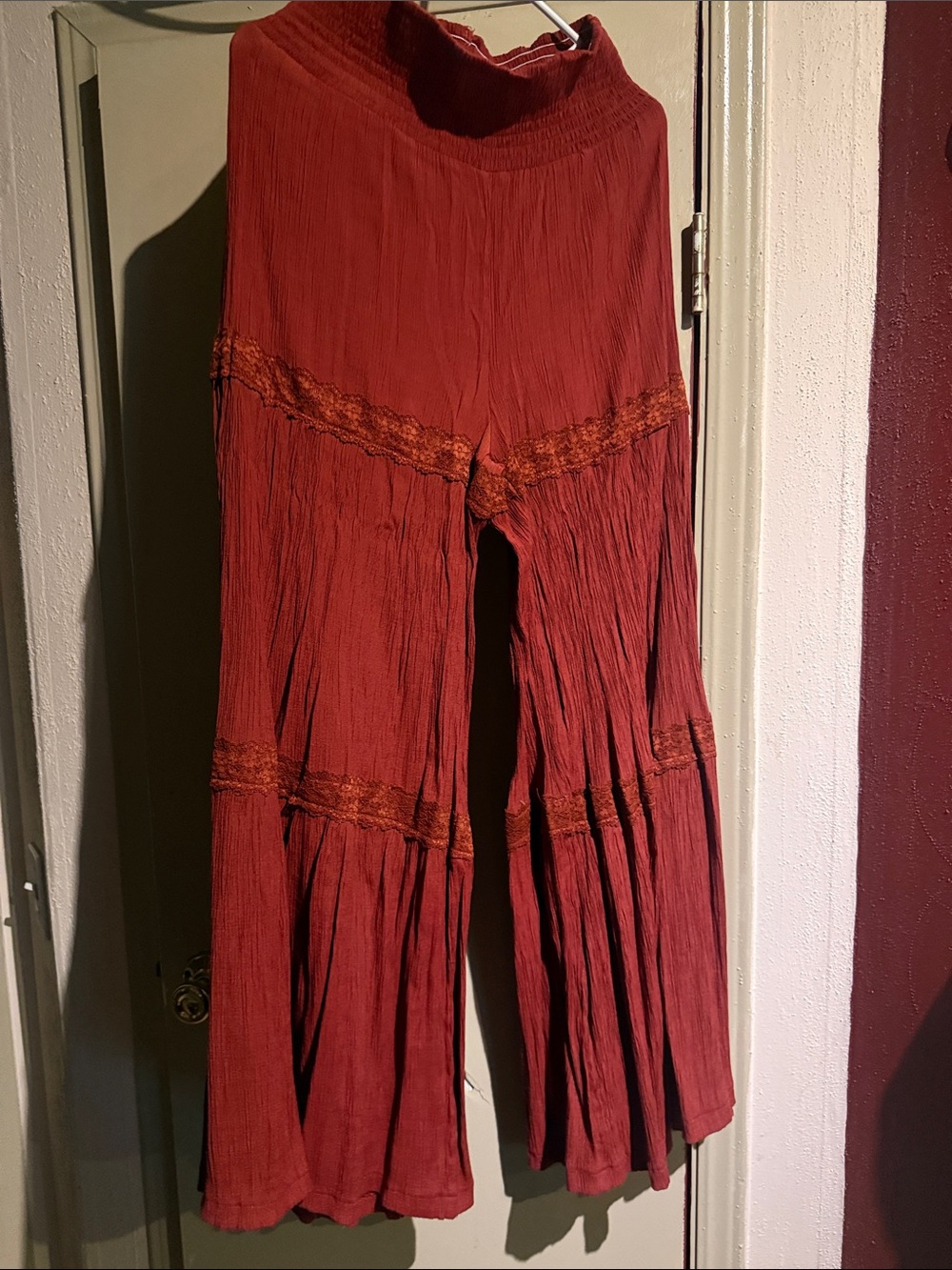 SHEIN Tiered Wide-Leg Gauze Pants in Rust Red